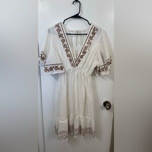 India Boutique White Mini Dress with Brown Embroidery (FREE SIZE)